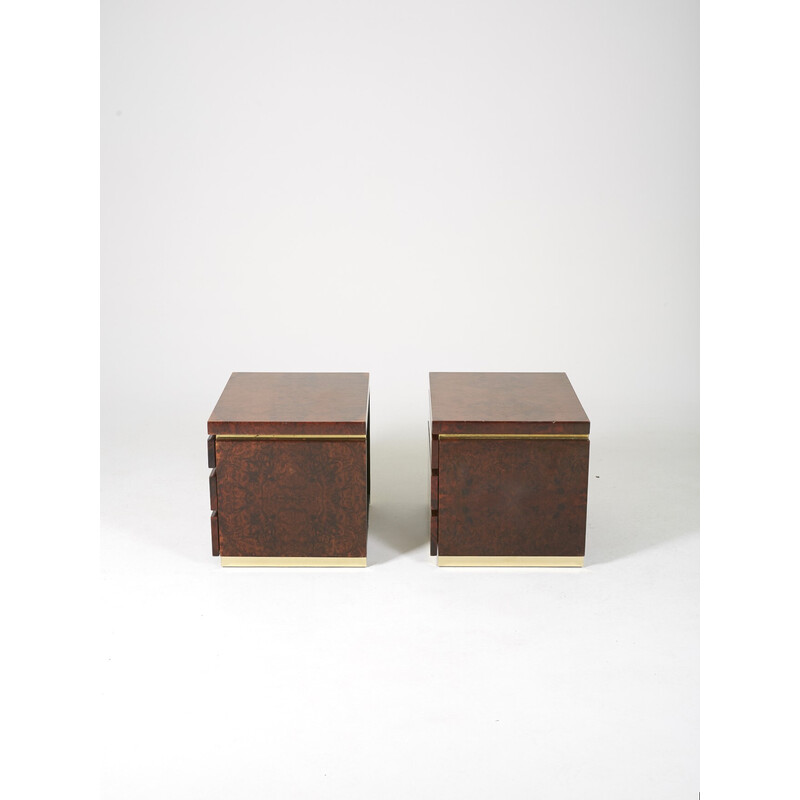 Pair of vintage night stands in elmwood burl and brass by Jean Claude Mahey, 1970s