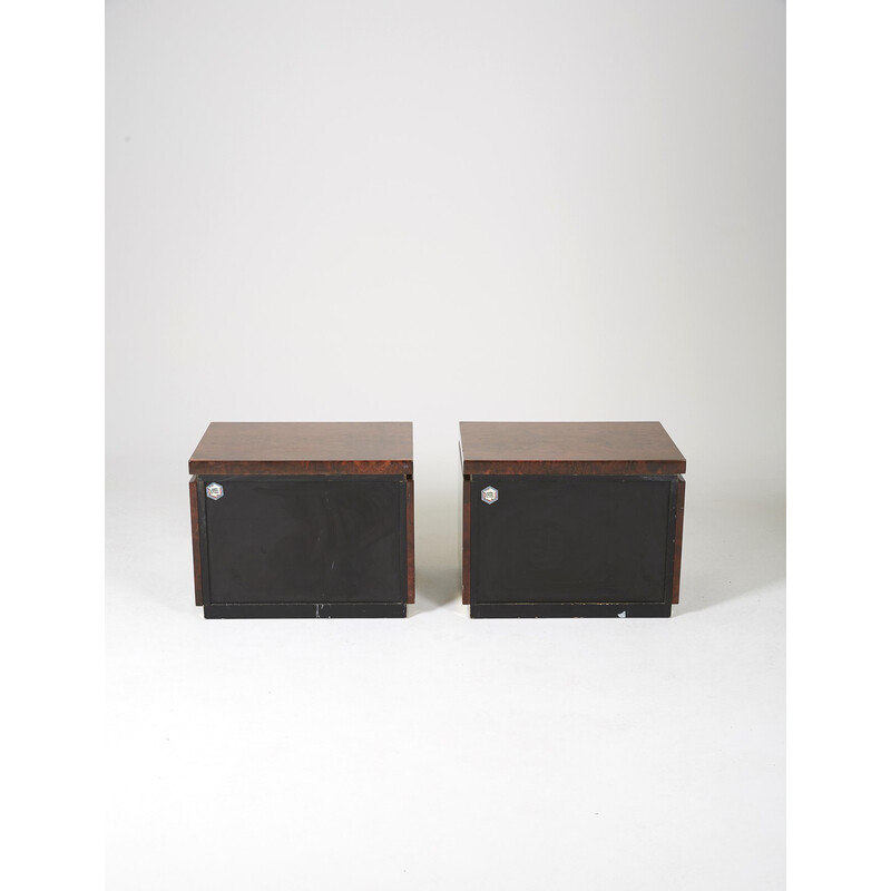 Pair of vintage night stands in elmwood burl and brass by Jean Claude Mahey, 1970s