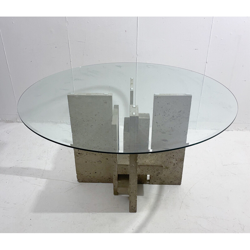 Vintage glass and travertine table by Willy Ballez, 1970s