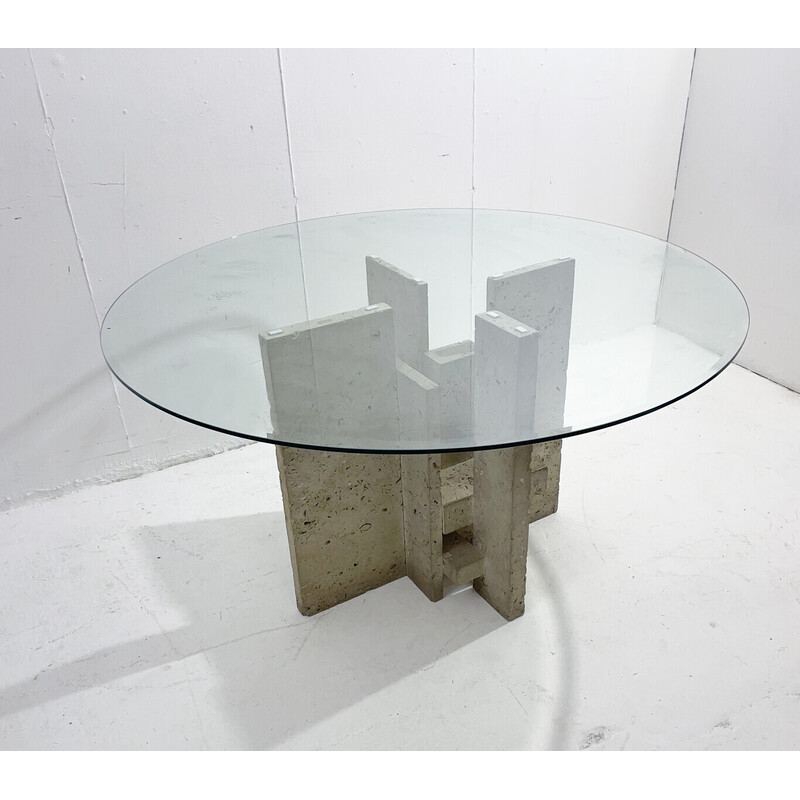 Vintage glass and travertine table by Willy Ballez, 1970s