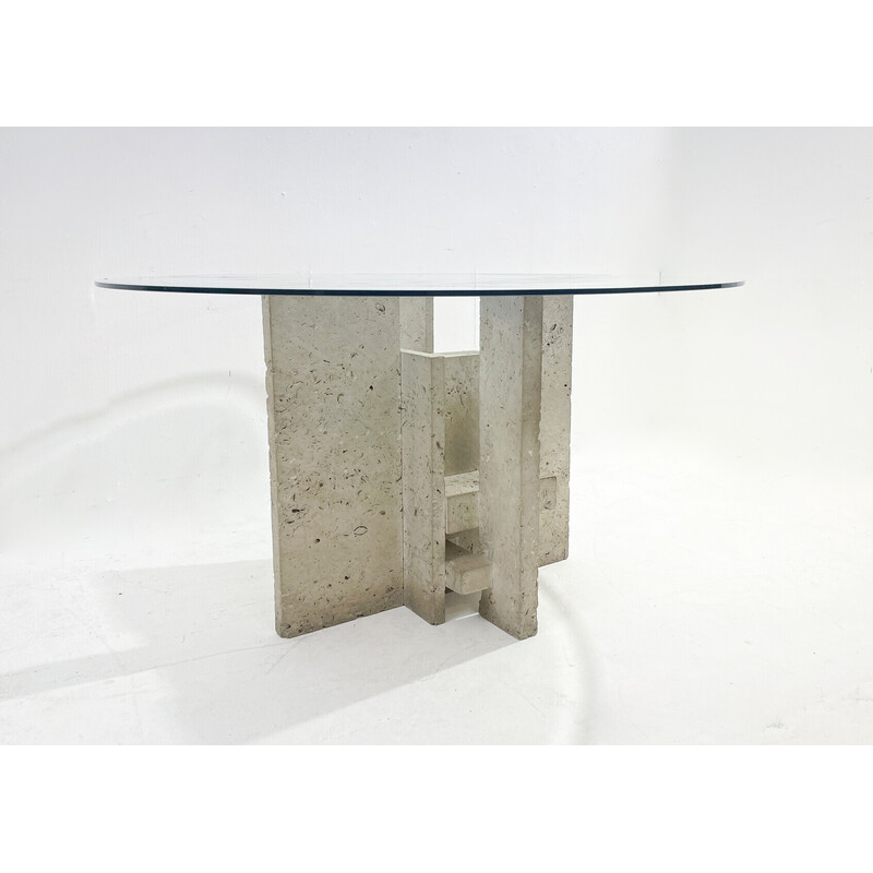 Vintage glass and travertine table by Willy Ballez, 1970s