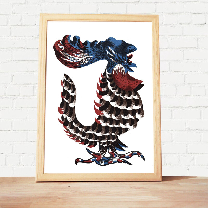 Vintage lithograph "Coq de grésivaudan" with wooden frame by Jean Lurçat, Switzerland 1975s