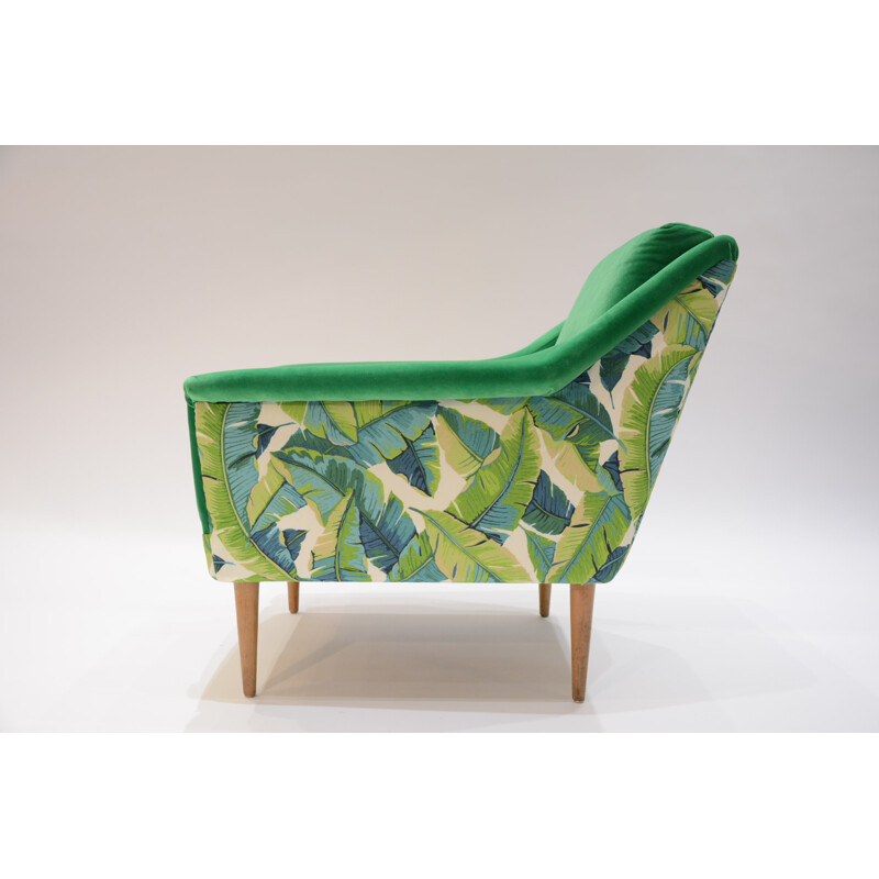 Green cupe-shaped armchair with fabric with leaf pattern - 1960s