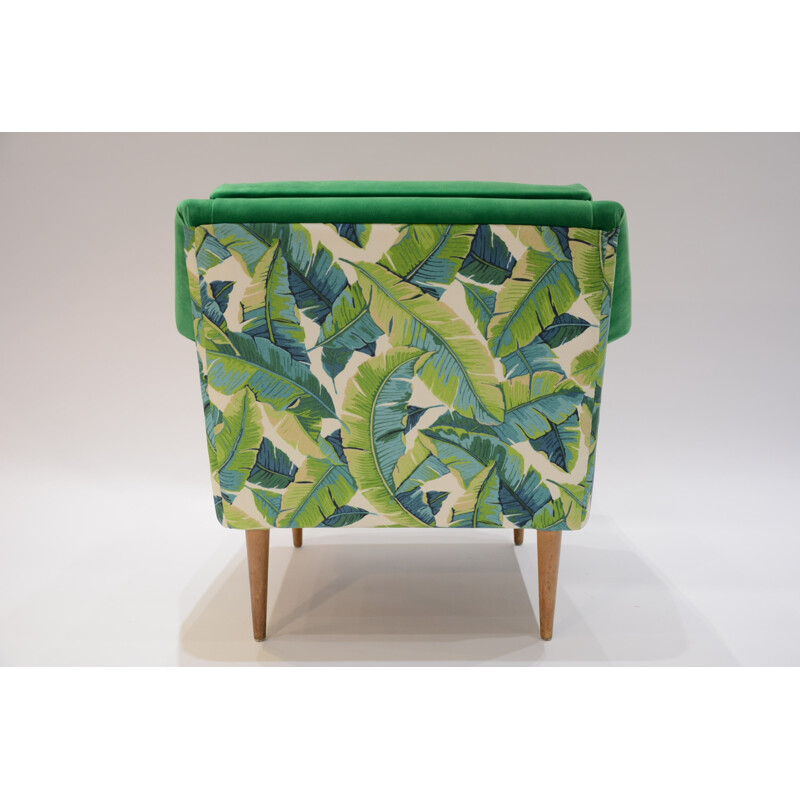 Green cupe-shaped armchair with fabric with leaf pattern - 1960s