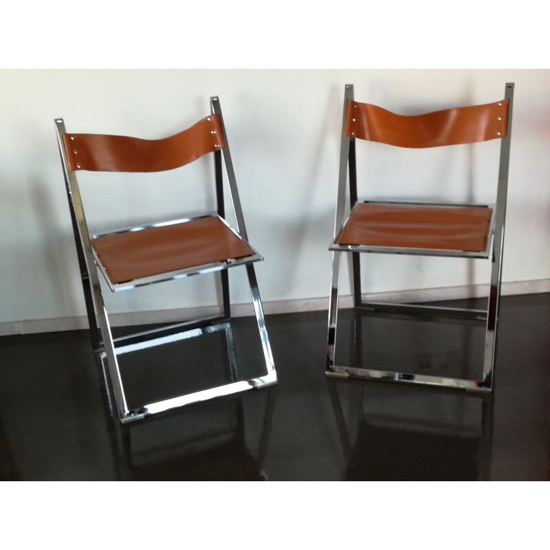 Pair of brown chairs in chromed steel and leather by FONTONI et GERACI - 1970s