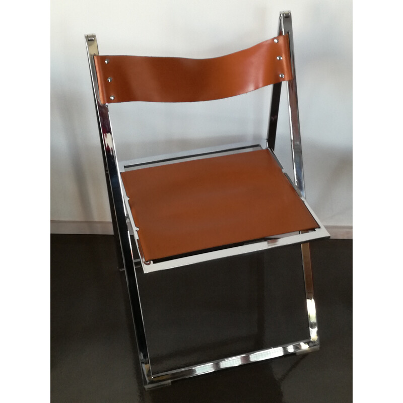 Pair of brown chairs in chromed steel and leather by FONTONI et GERACI - 1970s