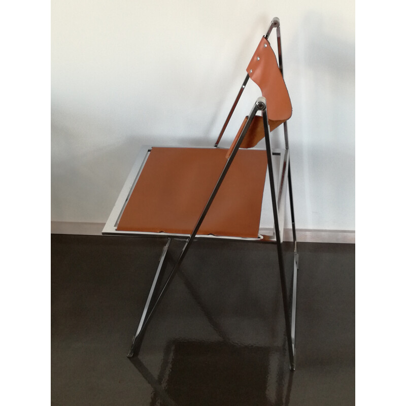 Paire de chaises pliantes marron en acier chromé et en cuir de FONTONI et GERACI - 1970
