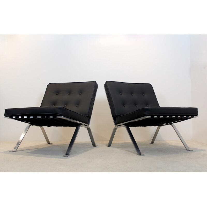 Pair of vintage leather and stainless steel lounge chairs by Hans Eichenberger for Girsberger, Switzerland 1960s