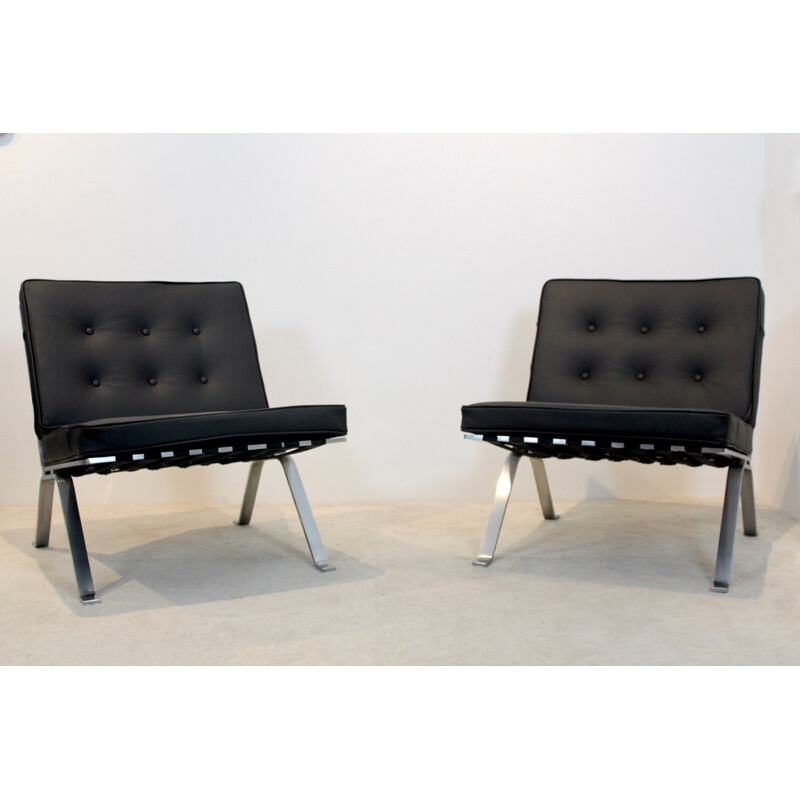 Pair of vintage leather and stainless steel lounge chairs by Hans Eichenberger for Girsberger, Switzerland 1960s