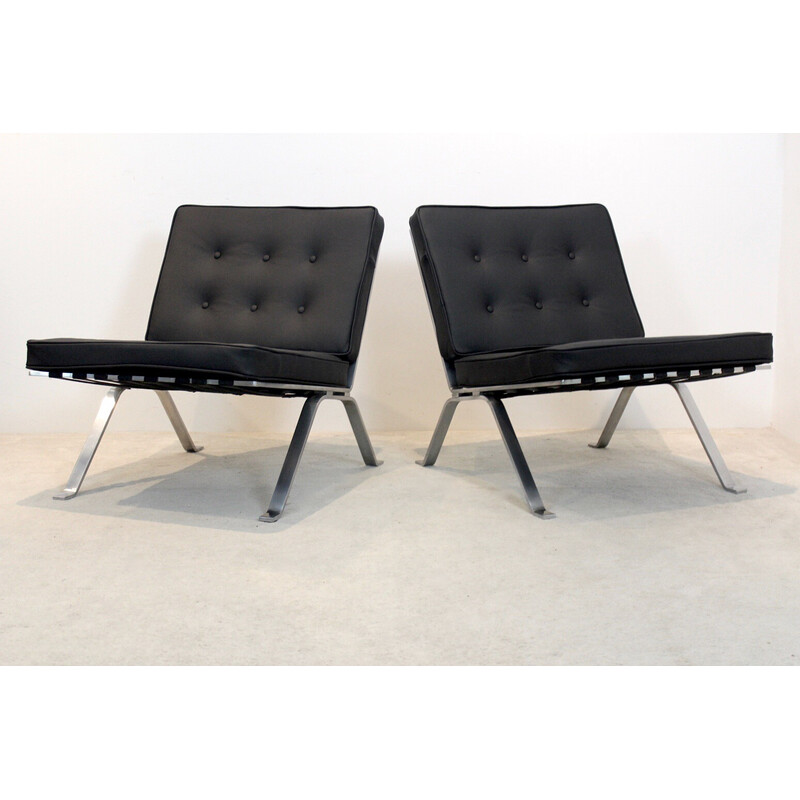 Pair of vintage leather and stainless steel lounge chairs by Hans Eichenberger for Girsberger, Switzerland 1960s