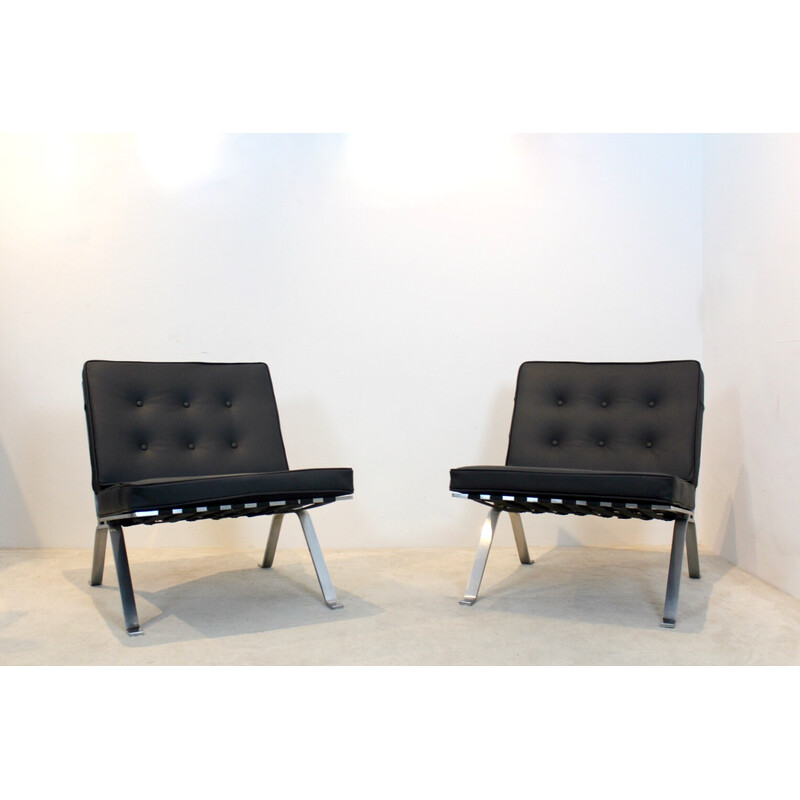 Pair of vintage leather and stainless steel lounge chairs by Hans Eichenberger for Girsberger, Switzerland 1960s