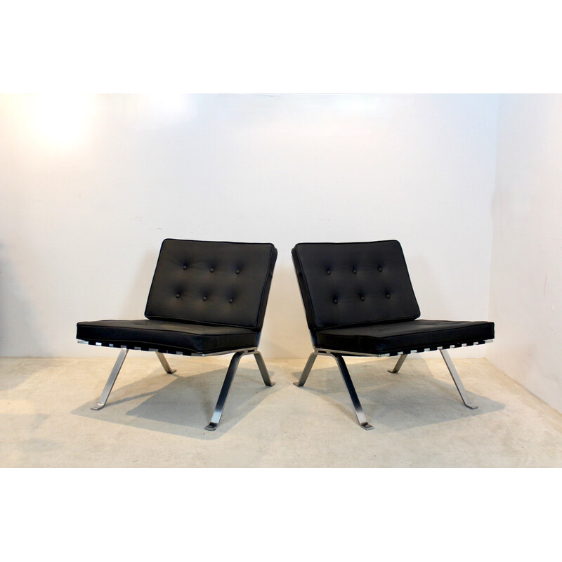 Pair of vintage leather and stainless steel lounge chairs by Hans Eichenberger for Girsberger, Switzerland 1960s