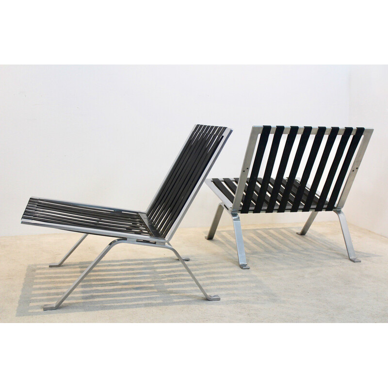 Pair of vintage leather and stainless steel lounge chairs by Hans Eichenberger for Girsberger, Switzerland 1960s