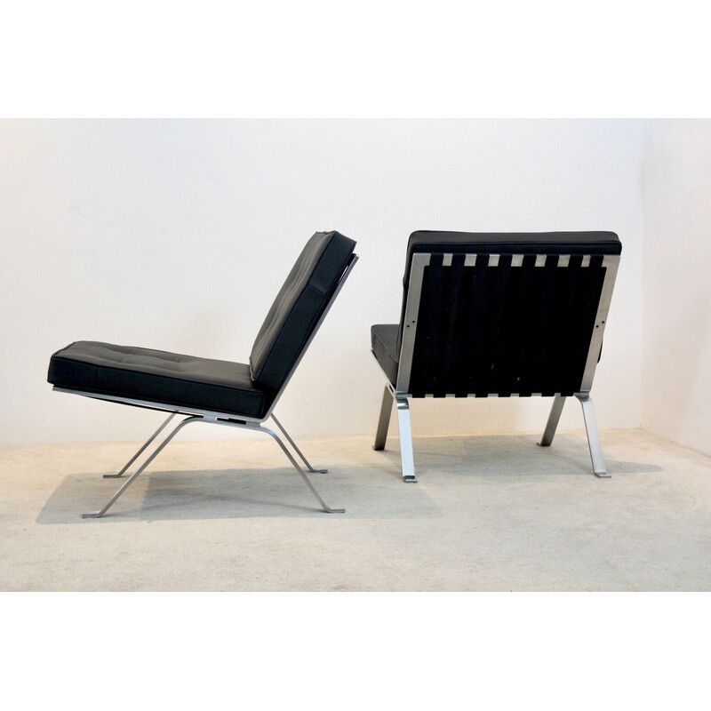 Par de cadeiras de couro vintage e de aço inoxidável por Hans Eichenberger para Girsberger, Suíça nos anos 60