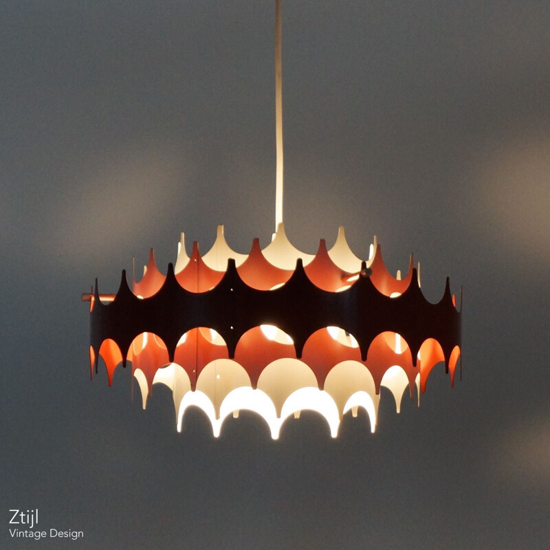 White and red metal hanging lamp for Doria - 1960s