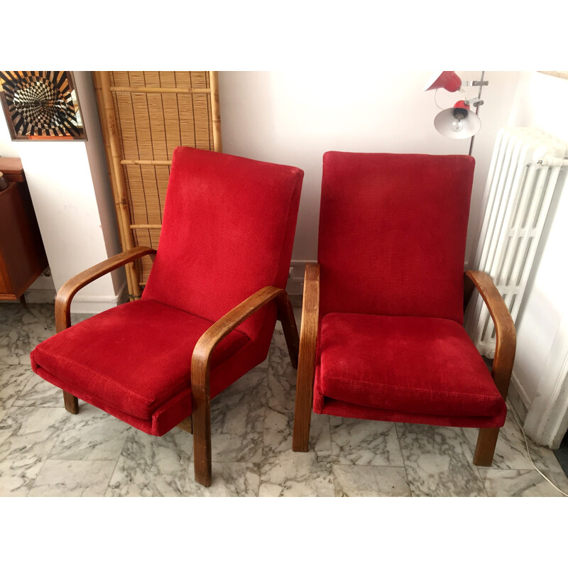 Pair of red armchairs by ARP for Steiner - 1950s
