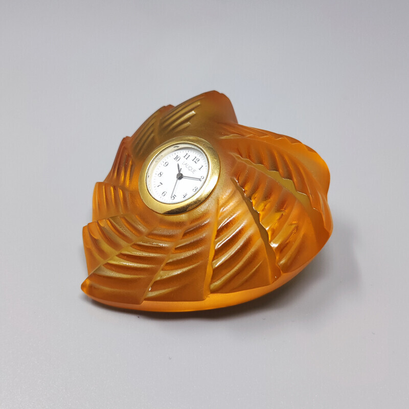 Vintage amber clock in crystal by Lalique, France 1990s