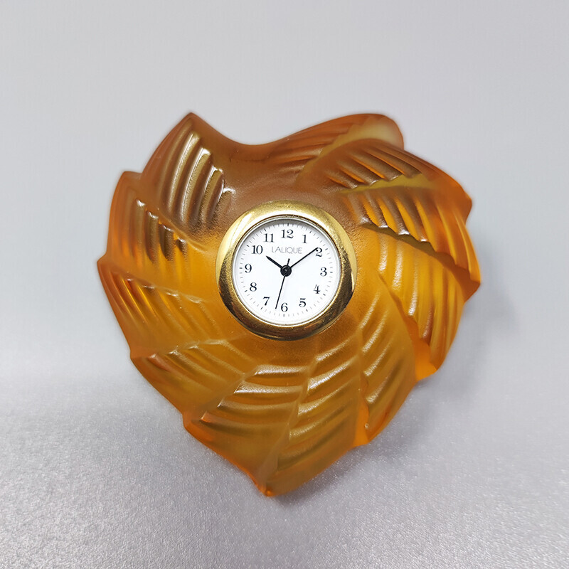 Vintage amber clock in crystal by Lalique, France 1990s