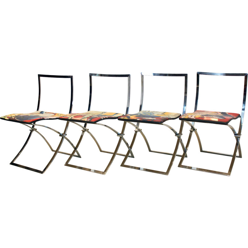 Set of 4 vintage "Luisa" chairs in chromed steel by Marcello Cuneo for Mobel Italia, Italy 1970s