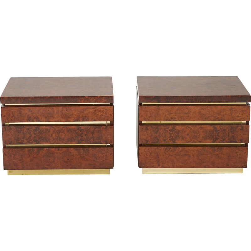 Pair of vintage night stands in elmwood burl and brass by Jean Claude Mahey, 1970s