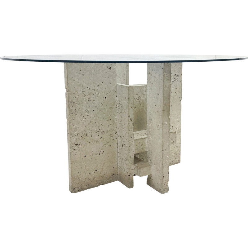 Vintage glass and travertine table by Willy Ballez, 1970s