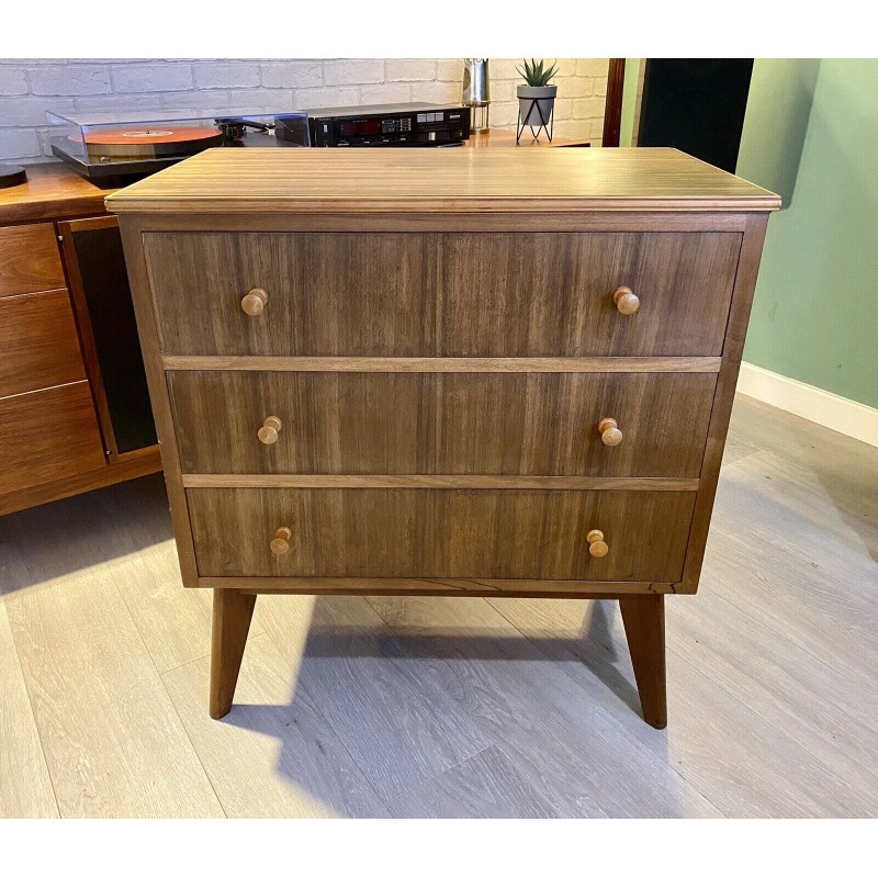 Vintage walnut veneer chest of 3 drawers by Morris of Glasgow, 1950s