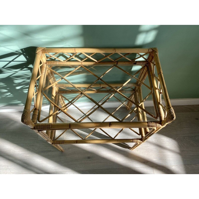 Vintage bamboo, rattan and glass side table, 1960s