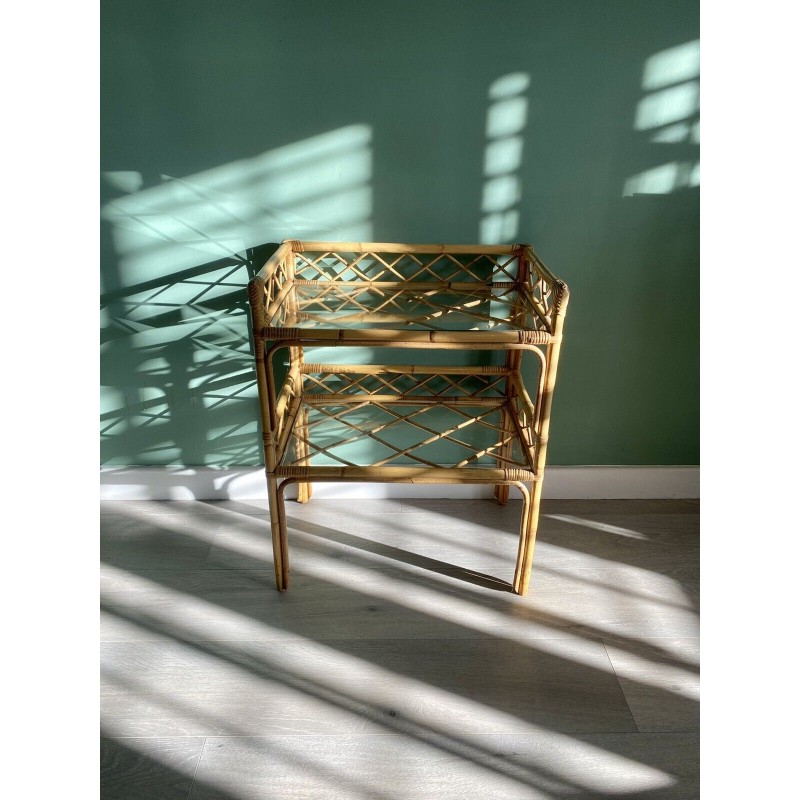 Vintage bamboo, rattan and glass side table, 1960s