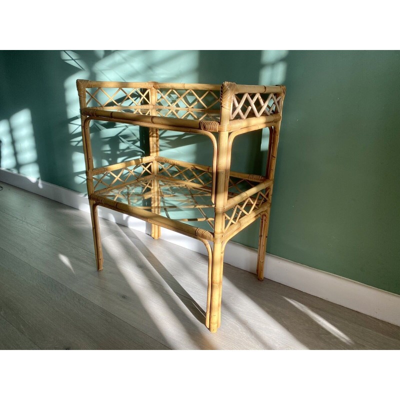 Vintage bamboo, rattan and glass side table, 1960s