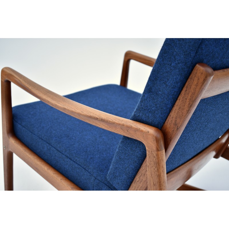 Chaise à bascule vintage en teck et tissu bleu par Ole Wanscher pour France & Son, Danemark