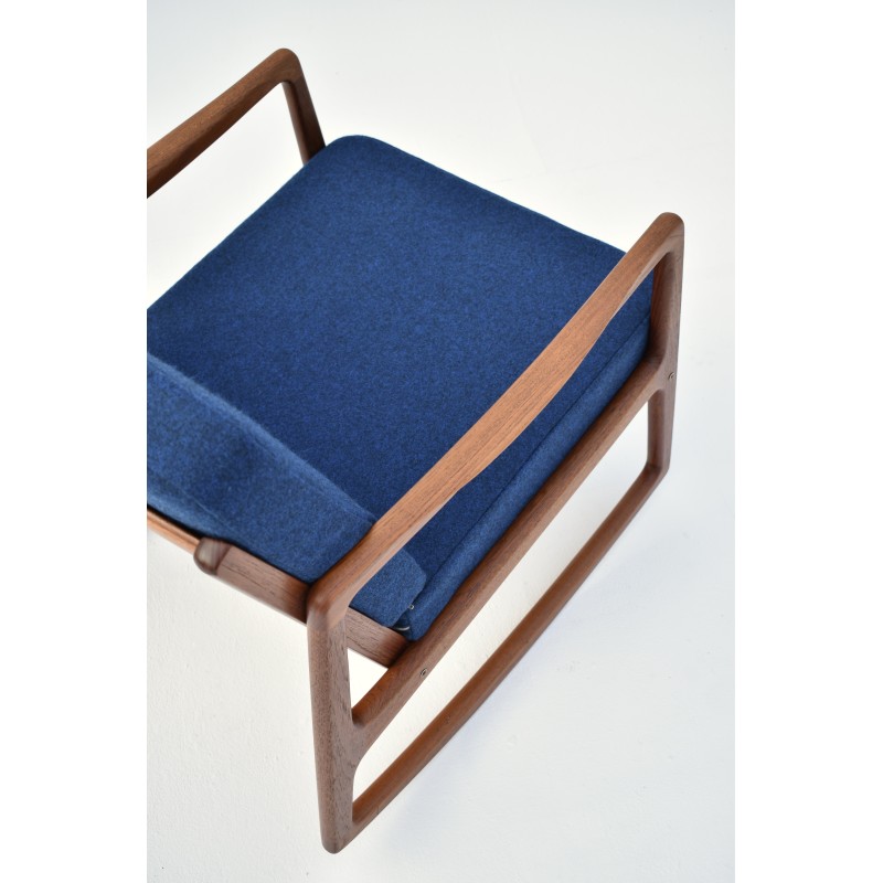 Chaise à bascule vintage en teck et tissu bleu par Ole Wanscher pour France & Son, Danemark