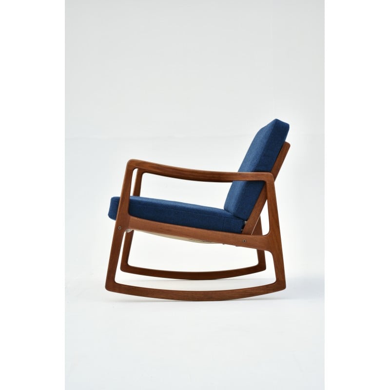 Vintage rocking chair in teak and blue fabric by Ole Wanscher for France & Son, Denmark