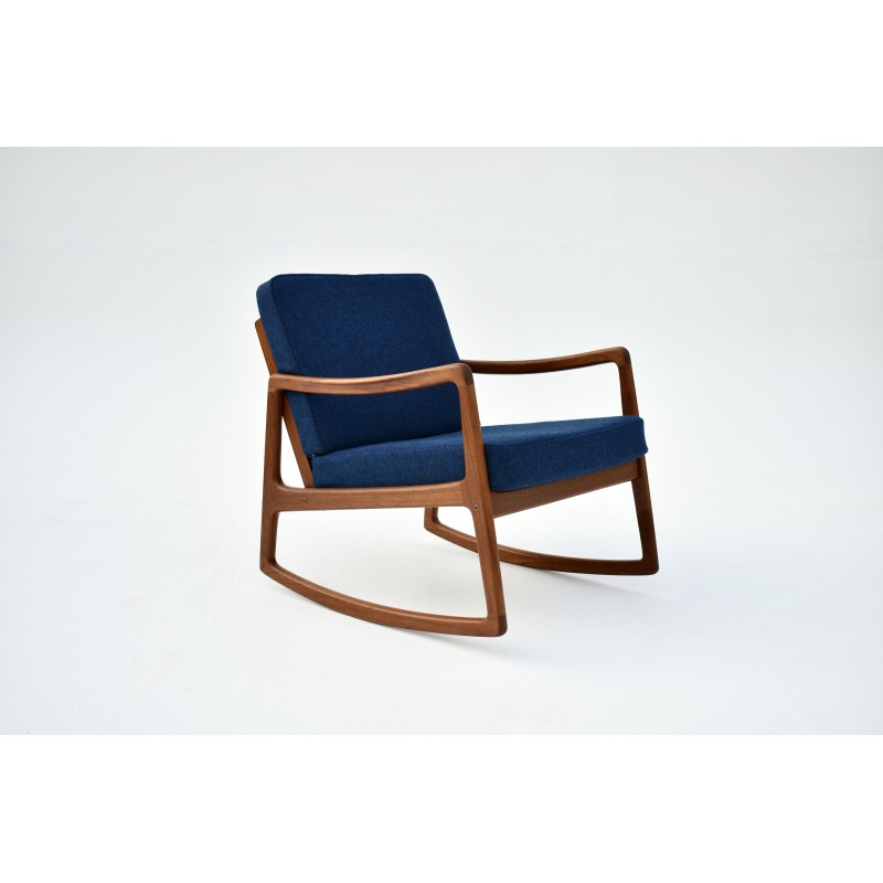 Chaise à bascule vintage en teck et tissu bleu par Ole Wanscher pour France & Son, Danemark