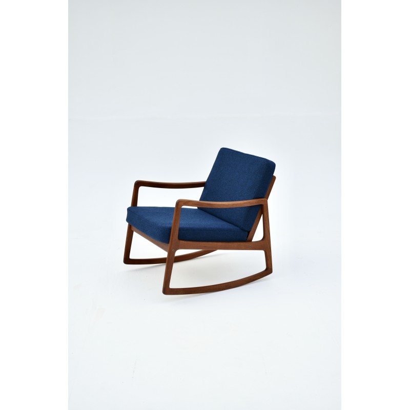 Cadeira de baloiço Vintage em teca e tecido azul de Ole Wanscher para França