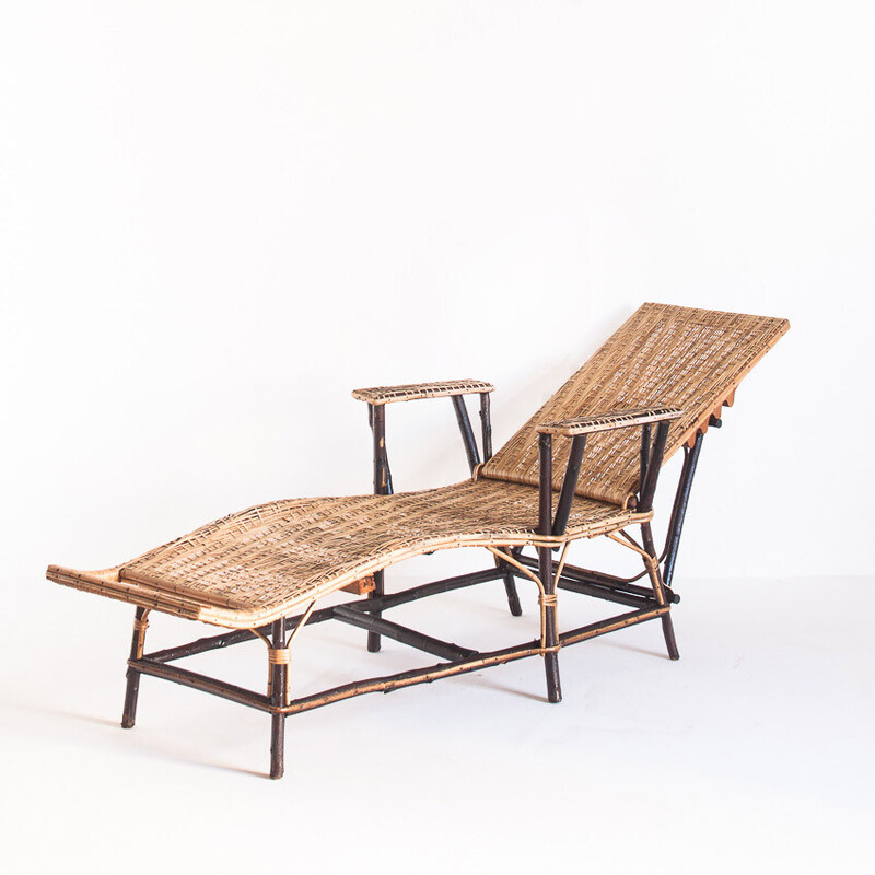 Vintage lounge chair in wood, cane and wicker, France 1950s