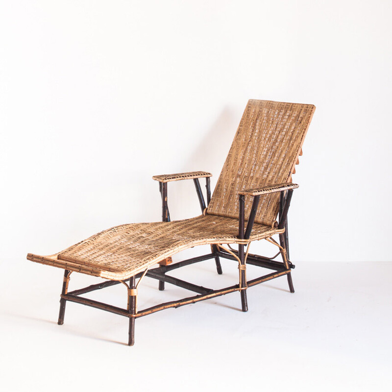 Vintage lounge chair in wood, cane and wicker, France 1950s