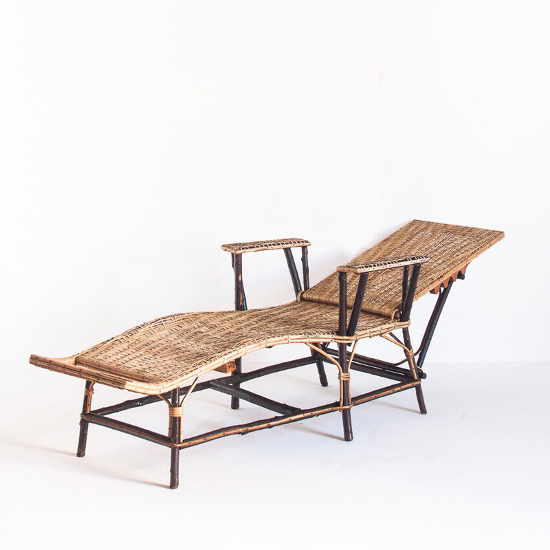 Vintage lounge chair in wood, cane and wicker, France 1950s