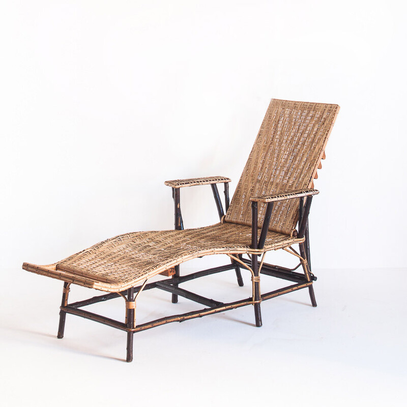 Cadeira Vintage lounge em madeira, cana e vime, França 1950