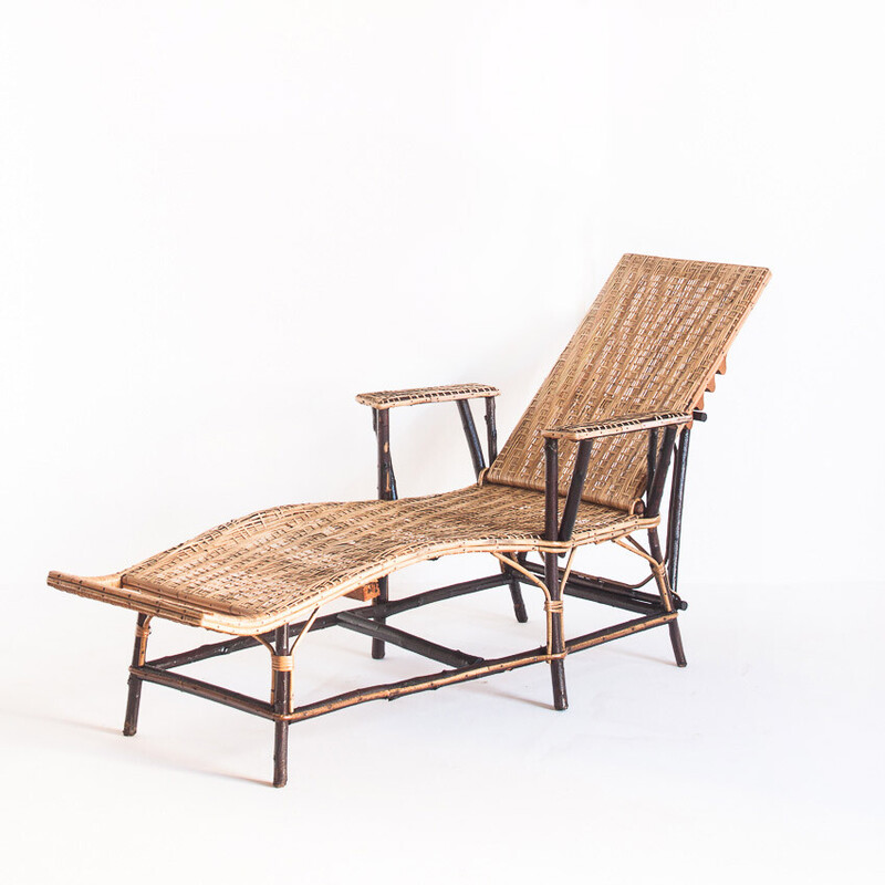 Cadeira Vintage lounge em madeira, cana e vime, França 1950