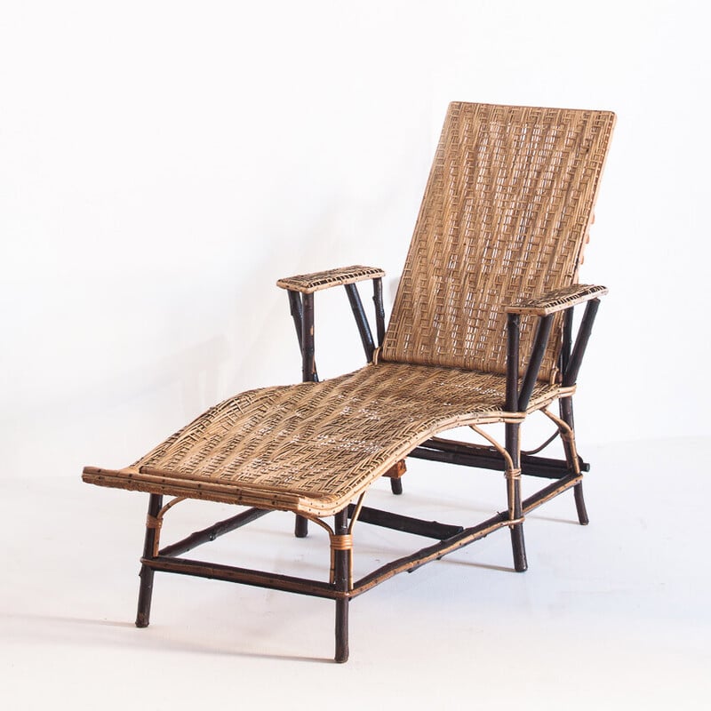 Vintage lounge chair in wood, cane and wicker, France 1950s