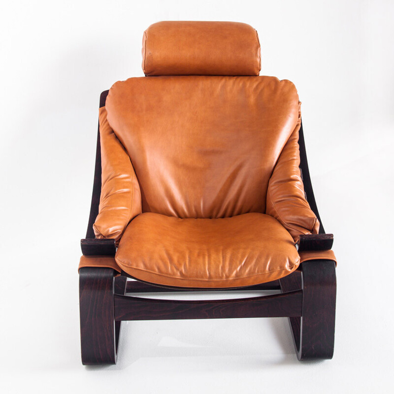 Vintage Kroken armchair in leather and wood by Ake Fribytter for Roche Bobois, France 1980s