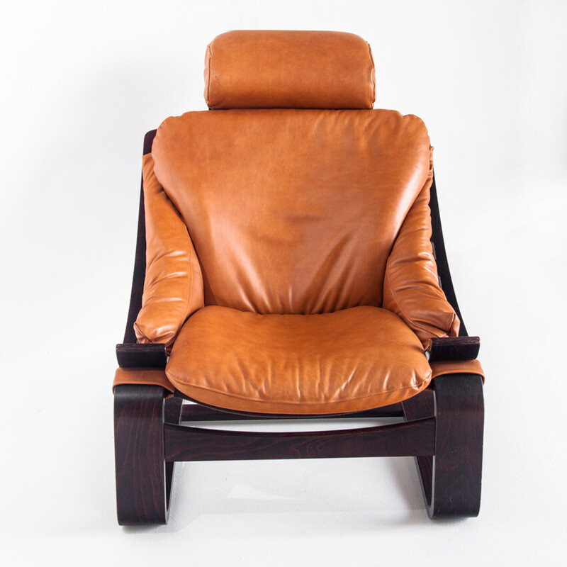 Vintage Kroken fauteuil in leer en hout van Ake Fribytter voor Roche Bobois, Frankrijk 1980