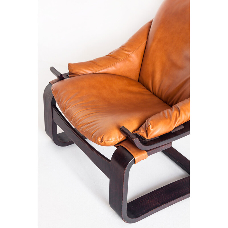 Vintage Kroken armchair in leather and wood by Ake Fribytter for Roche Bobois, France 1980s