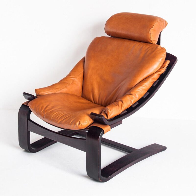 Vintage Kroken armchair in leather and wood by Ake Fribytter for Roche Bobois, France 1980s