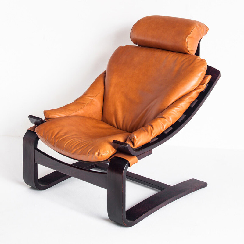 Vintage Kroken fauteuil in leer en hout van Ake Fribytter voor Roche Bobois, Frankrijk 1980