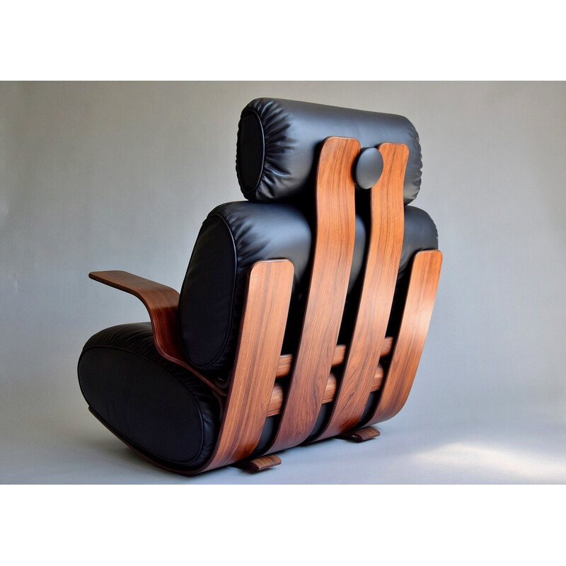 Chaise à bascule français vintage en contreplaqué et cuir, 1970