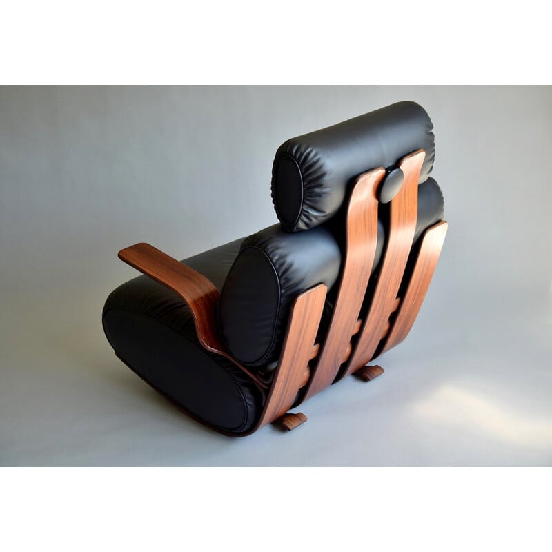 Chaise à bascule français vintage en contreplaqué et cuir, 1970