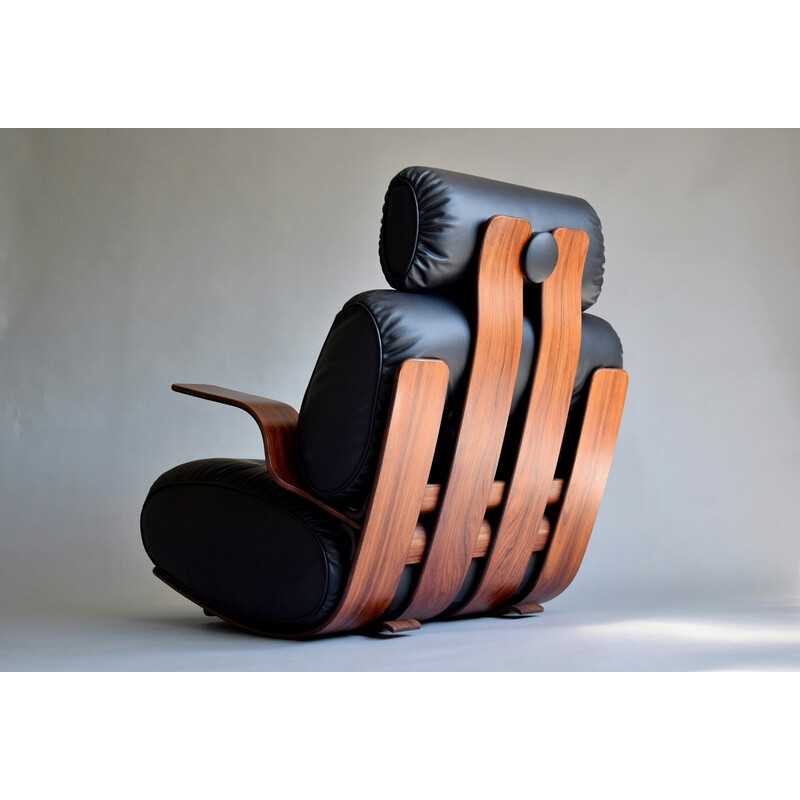 Chaise à bascule français vintage en contreplaqué et cuir, 1970