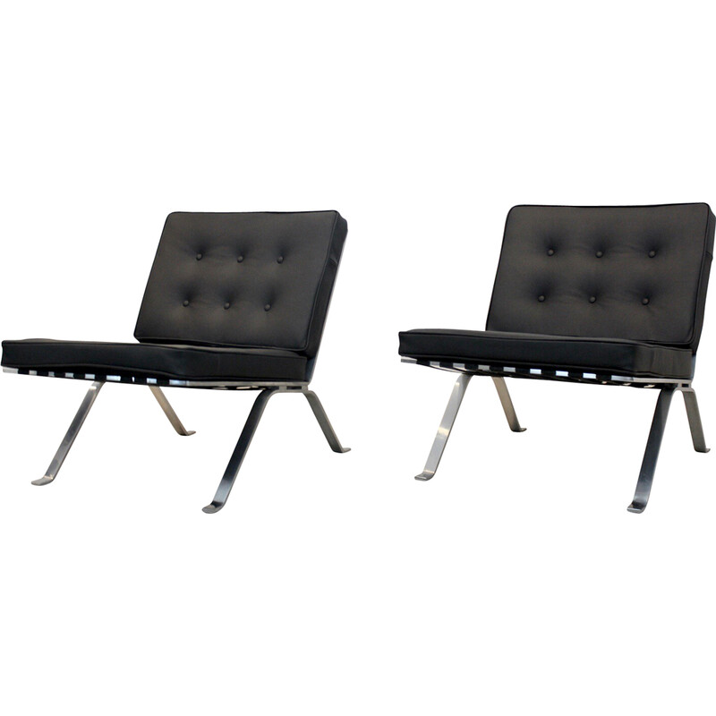 Pair of vintage leather and stainless steel lounge chairs by Hans Eichenberger for Girsberger, Switzerland 1960s