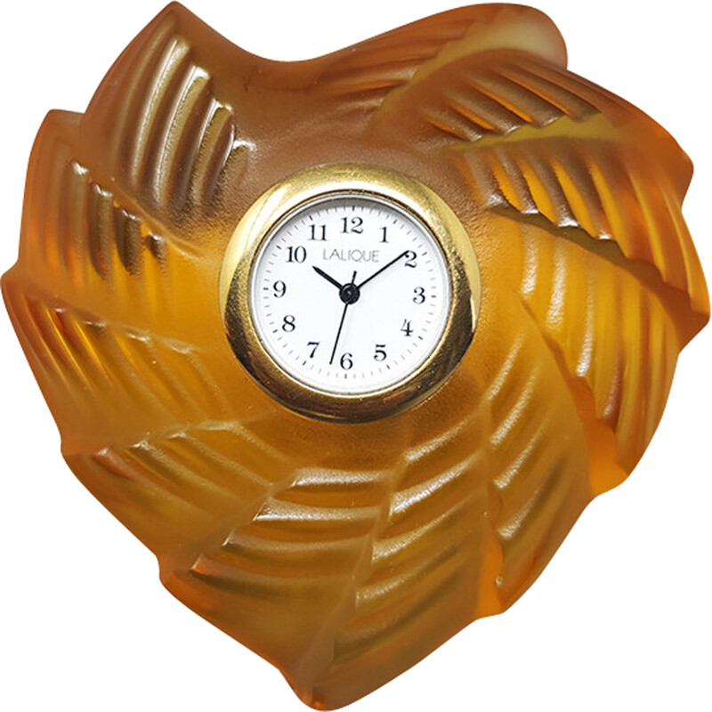 Vintage amber clock in crystal by Lalique, France 1990s
